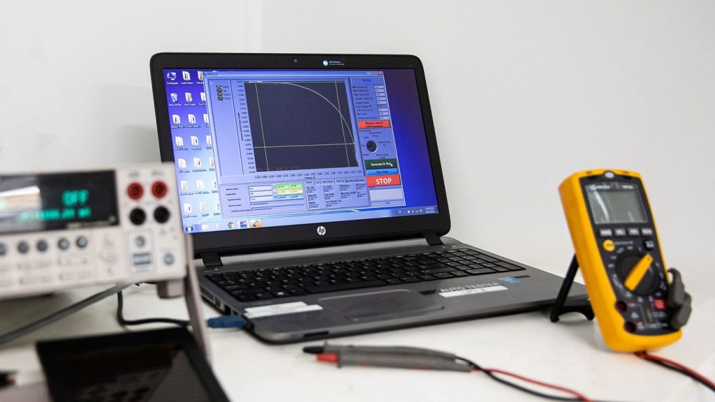 Solar panels and laboratory equipment under bright light