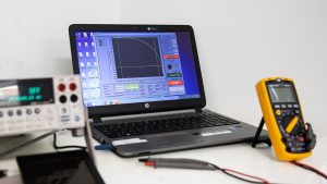 Solar panels and laboratory equipment under bright light